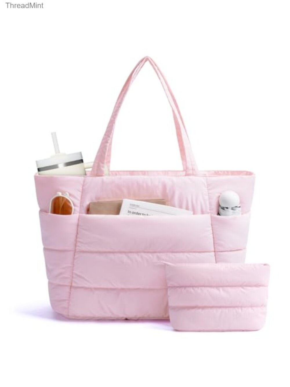 Quilted Nylon Puffer Tote Bag, Work Gym Nurse Teacher Laptop Bag with Cosmetic